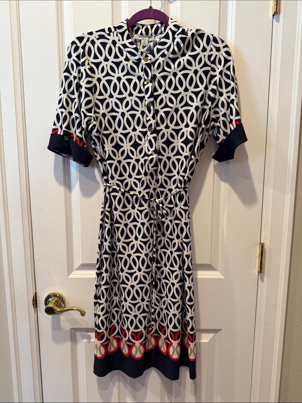 Shelby & Palmer Navy & White Geometric Tie-Waist Dress with Red Accents M